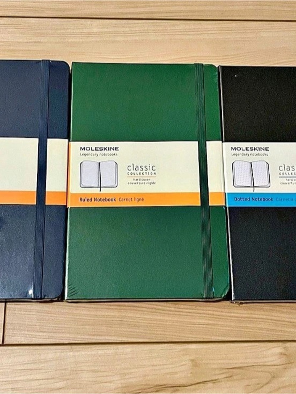 THREE Moleskine Classic Hard Cover Notebooks Navy Green, Black 5 x 8 1/4 240 pgs